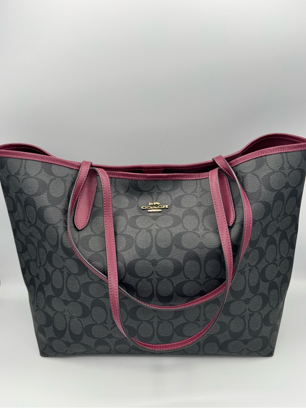 Coach City Tote Bag Signature Coated Canvas Leather Trim- Graphite/Black Cherry